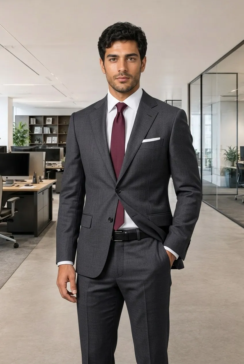 A BeYondSpoke.Ai look: charcoal grey suit, white shirt and burgundy tie