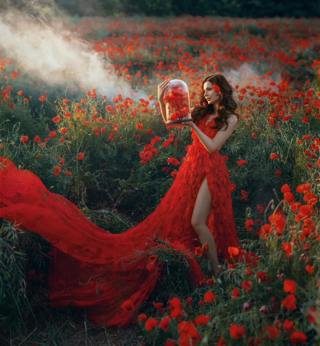Woman in a red dress in a field of poppies